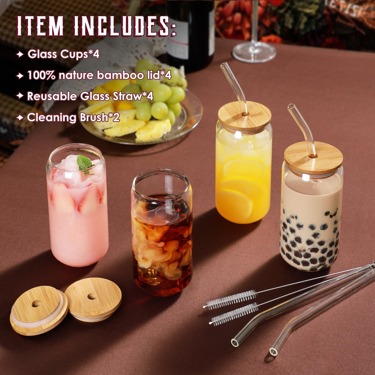 NETANY 16oz glass cups with lids and straws for iced coffee.