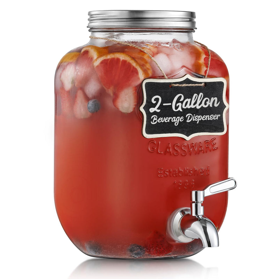NETANY 2-gallon glass dispenser on table for party beverages