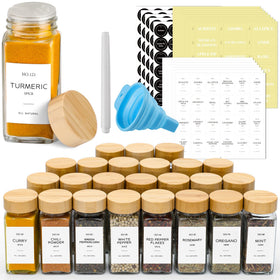 NETANY 24 glass spice jars with bamboo lids for organized pantry storage.