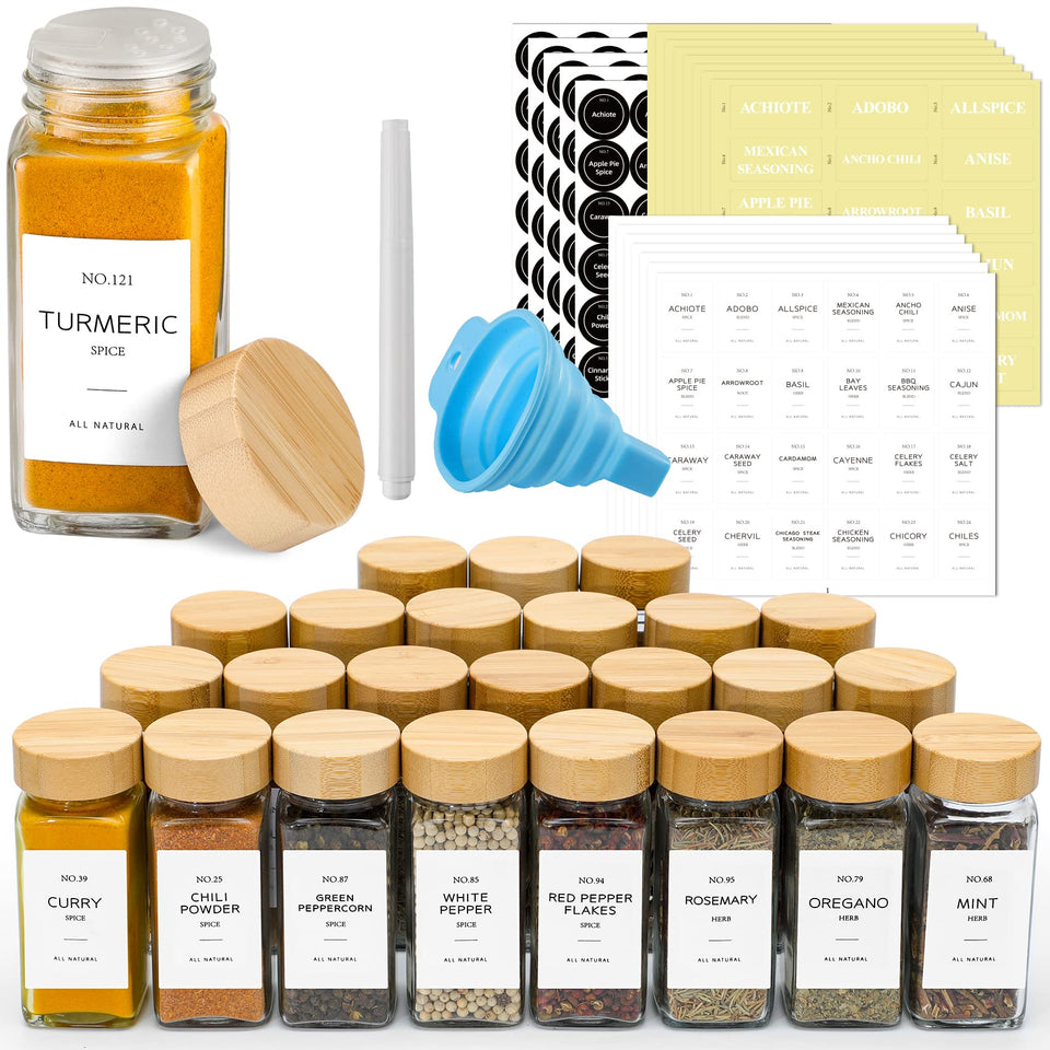NETANY 24 glass spice jars with bamboo lids for organized pantry storage.