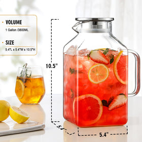 NETANY borosilicate glass pitcher holds one gallon for hot or cold beverages.