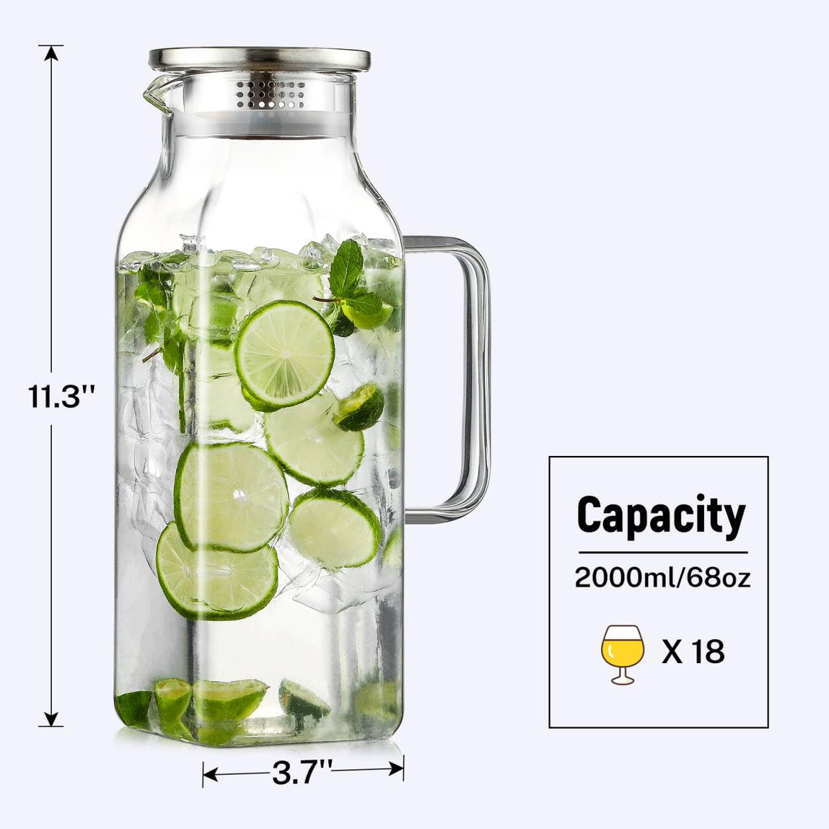 NETANY borosilicate glass 68oz pitcher showcases durability for hot or cold drinks.