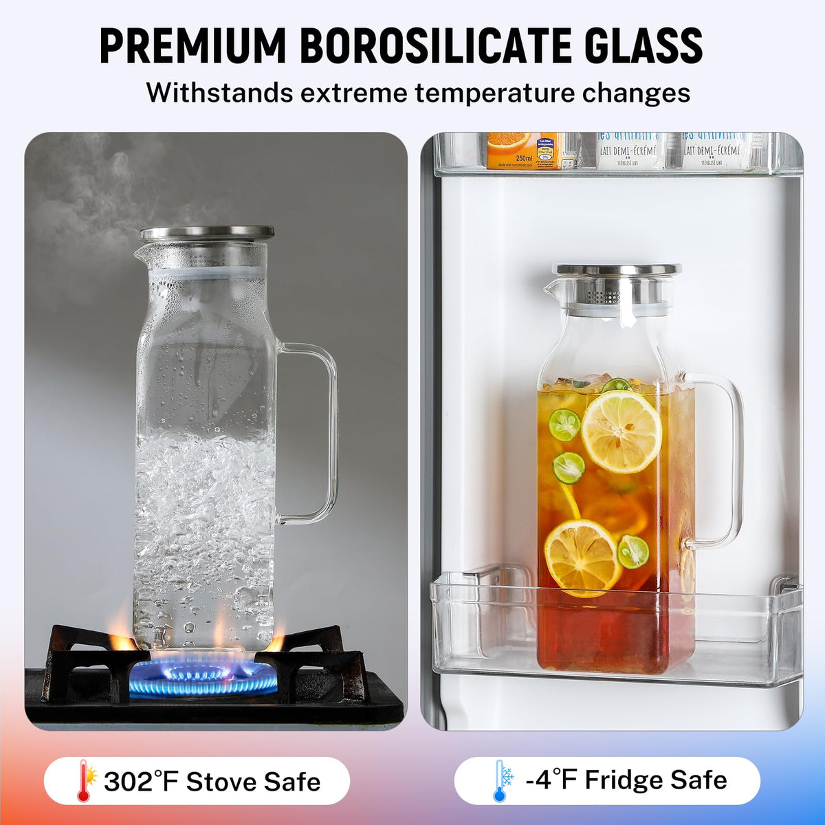 NETANY borosilicate glass pitcher withstands hot and cold drinks