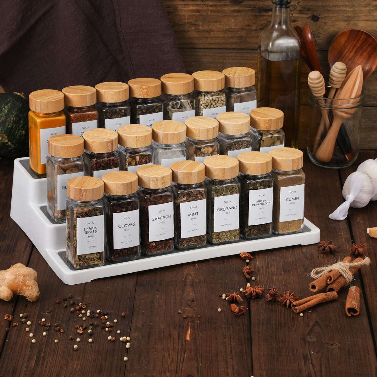 NETANY uniform labels promote tidy, cohesive spice storage on shelves.