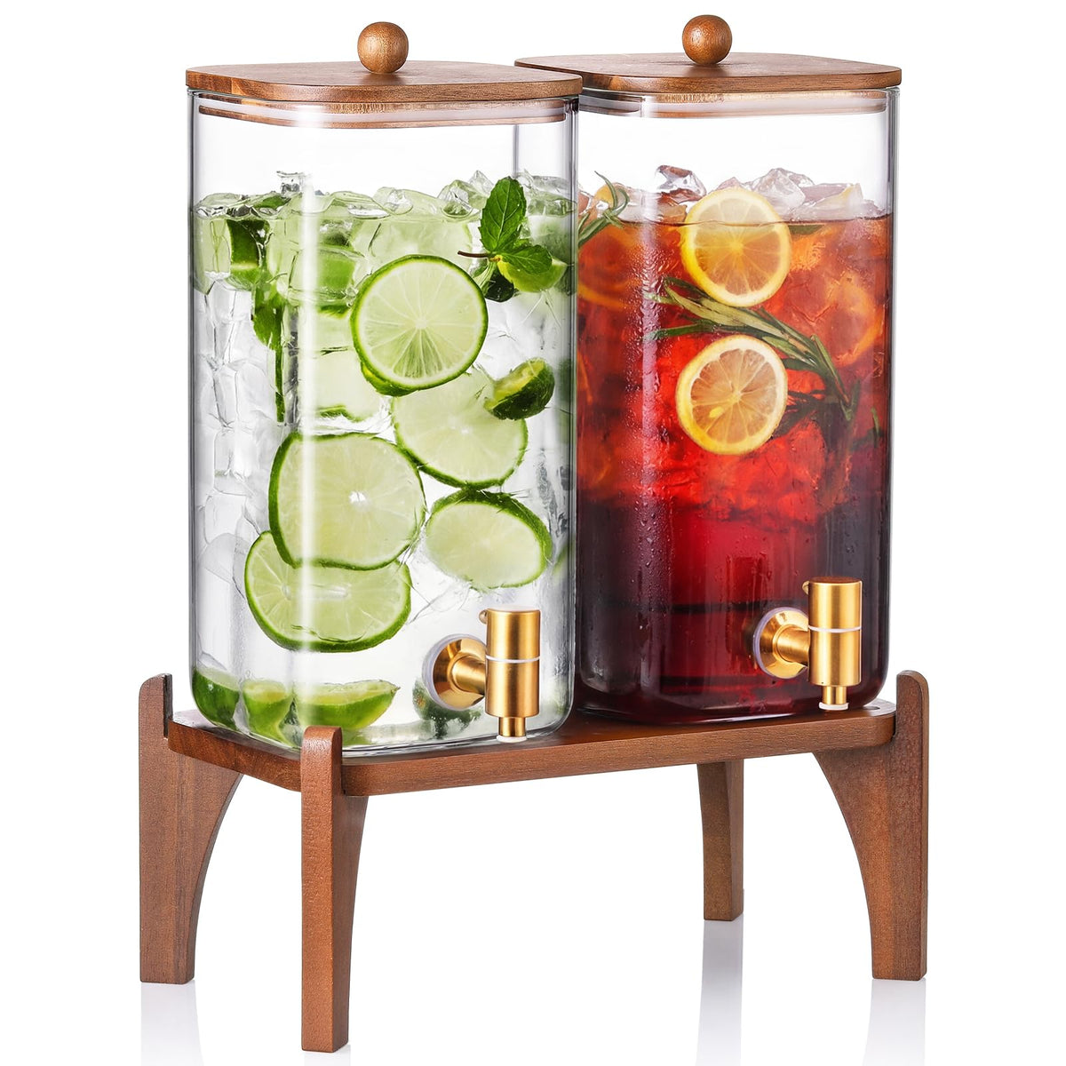 NETANY two square glass dispensers on a wooden stand for party service