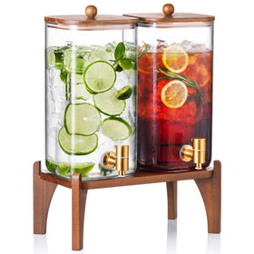 NETANY two square glass dispensers on a wooden stand for party service