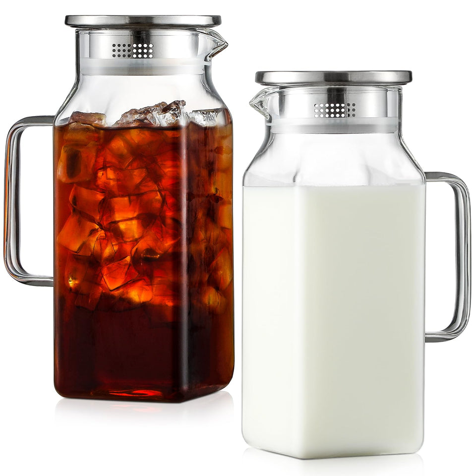 NETANY square glass pitcher with lid and handle, 40oz, for easy serving and storage.