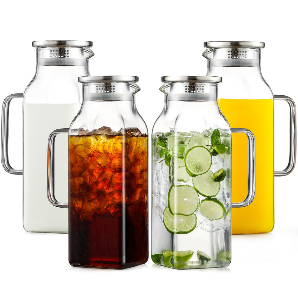 NETANY square glass pitcher with lid and handle for drip-free serving