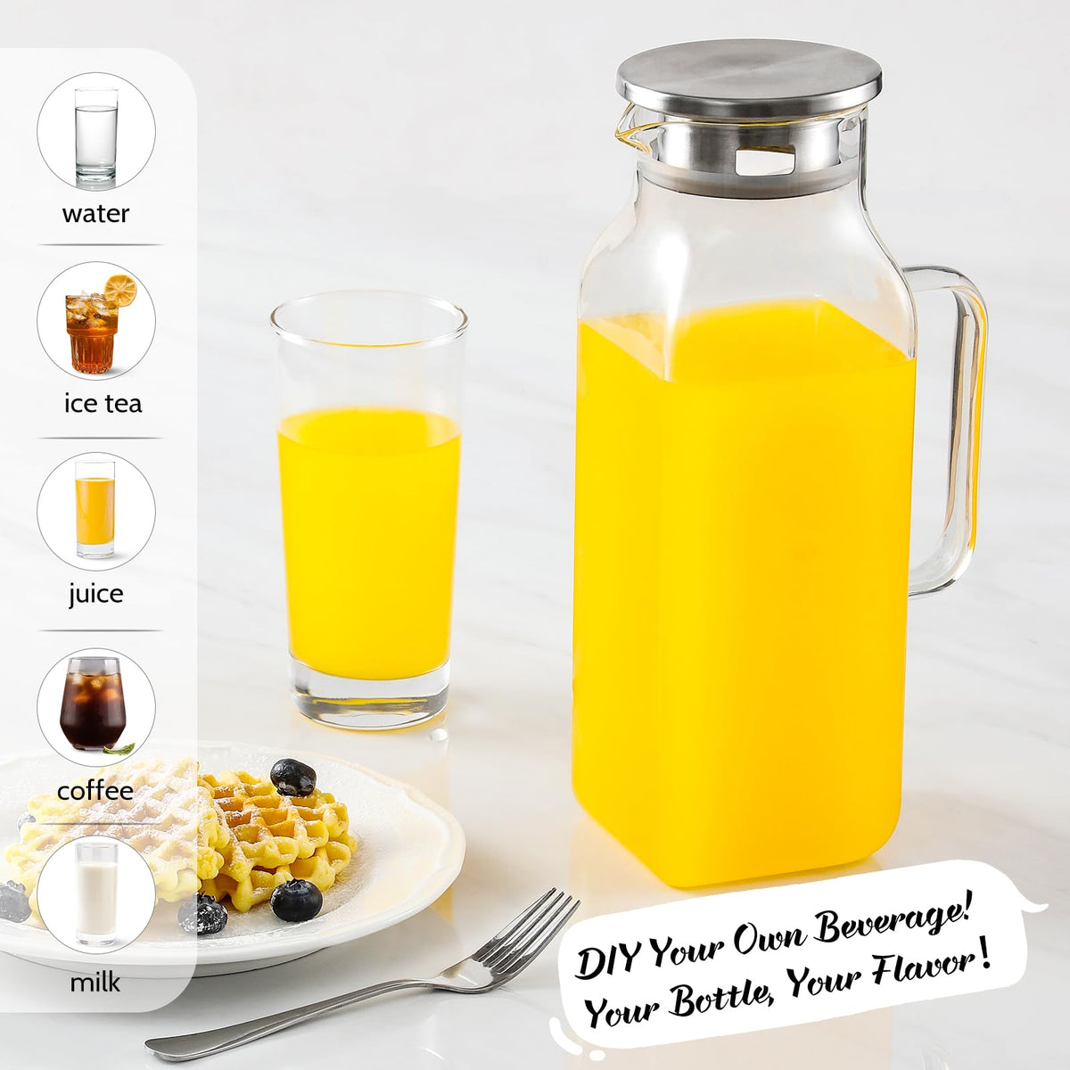 NETANY square pitcher wide-mouth for easy filling and thorough hand or dishwasher cleaning.