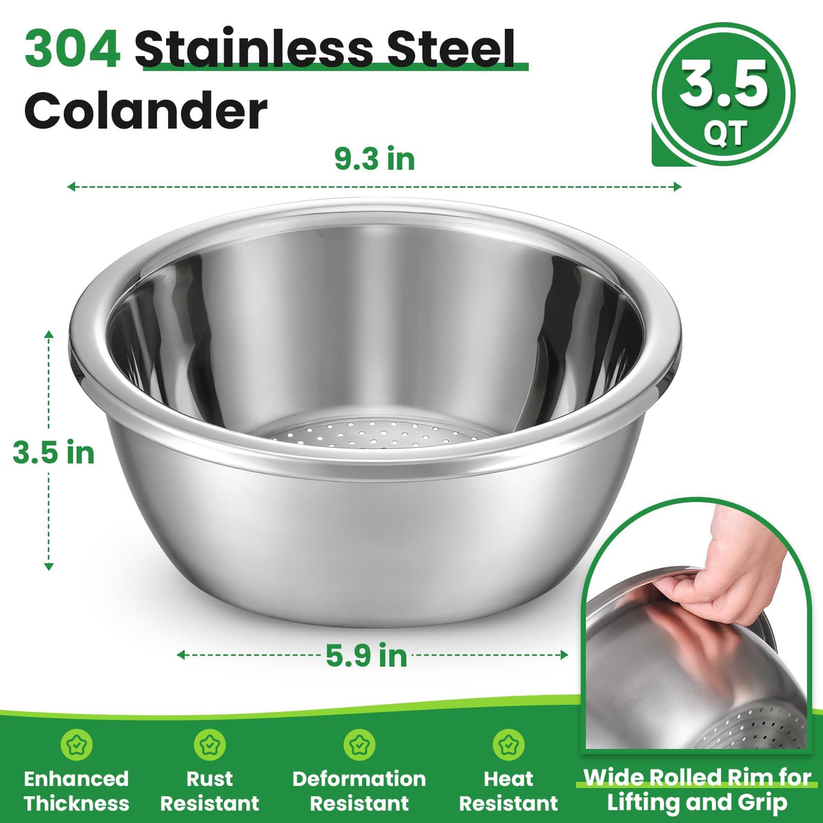 NETANY stainless steel colander 9.3 inches wide, durable and rust-resistant.