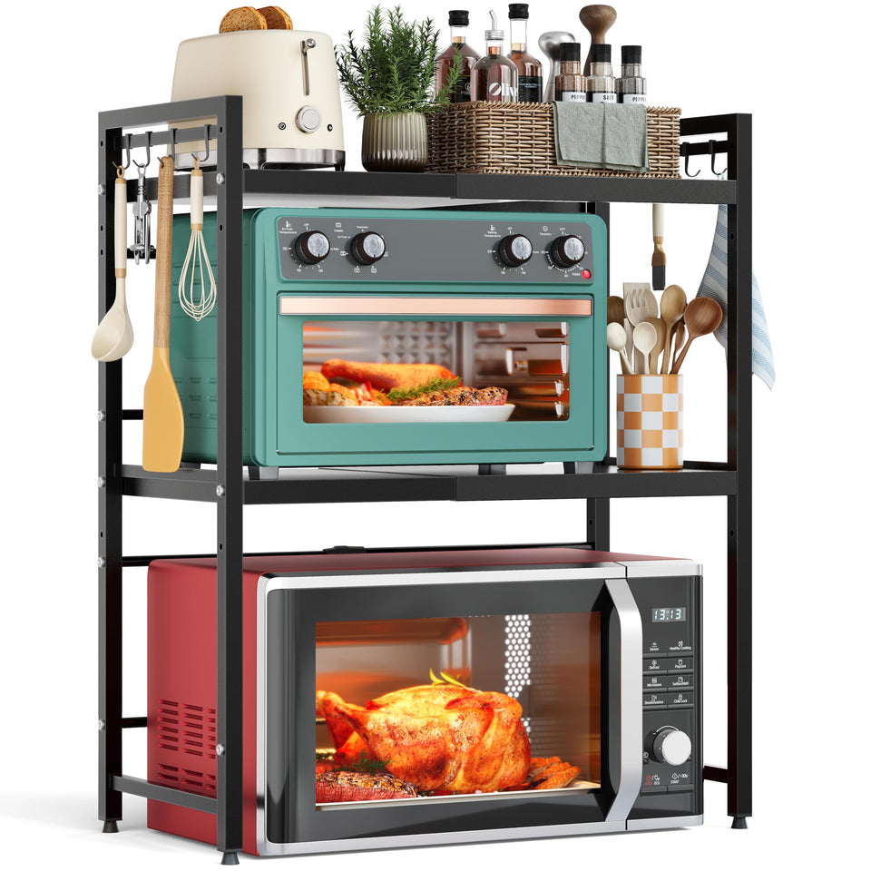 NETEL expandable microwave stand with three-tier shelves keeps the counter organized.