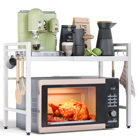 NETEL expandable microwave stand—full assembly on a two-tier shelf for organized counter space.