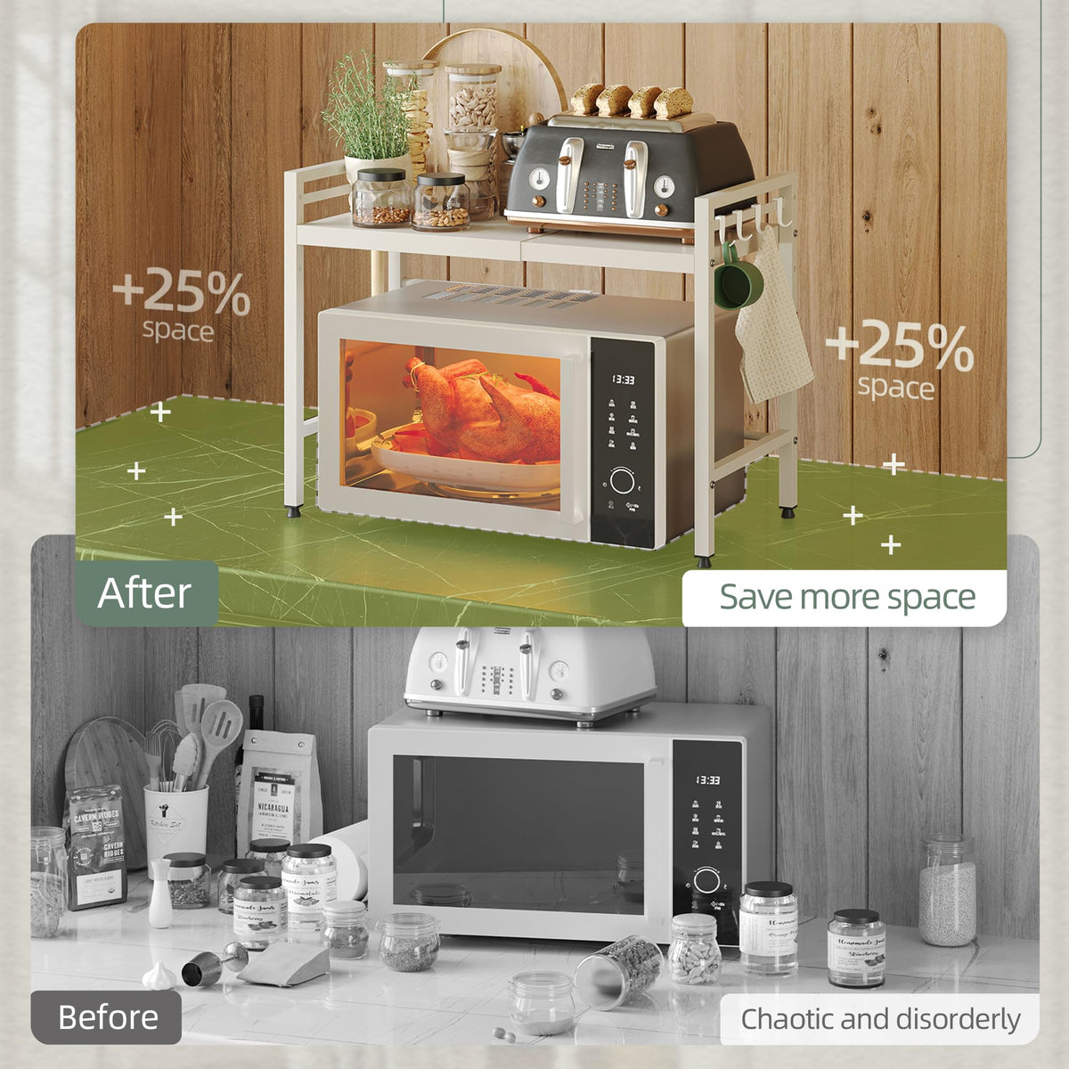 NETEL expandable rack demonstrates easy height and length adjustments for different microwaves.
