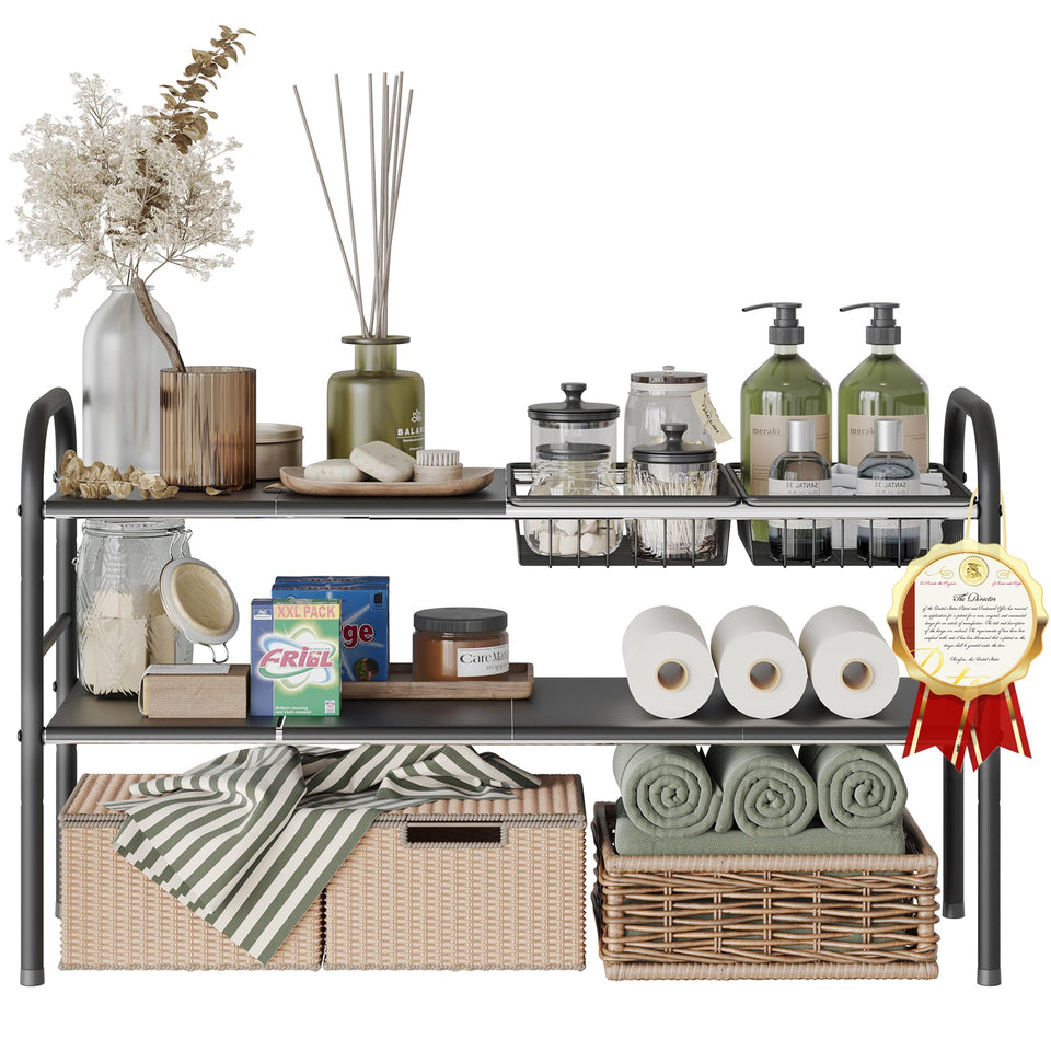 NETEL under-sink organizer with extendable rails for flexible cabinet storage.