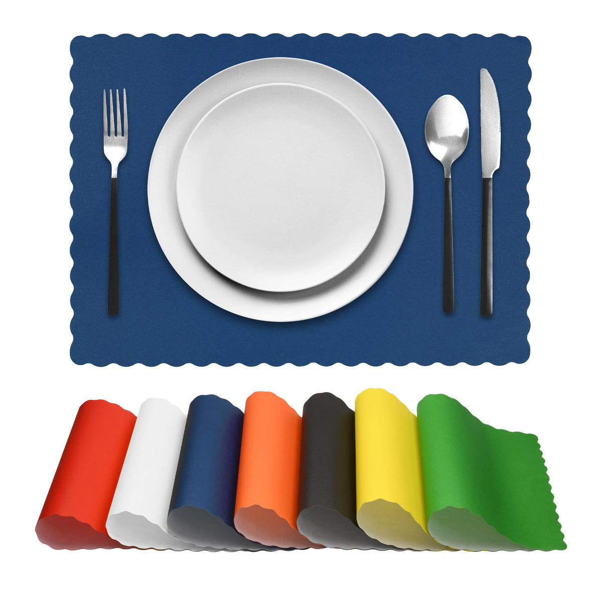 Netko blue-scalloped-edge placemats on table setup, ideal for events and everyday use.