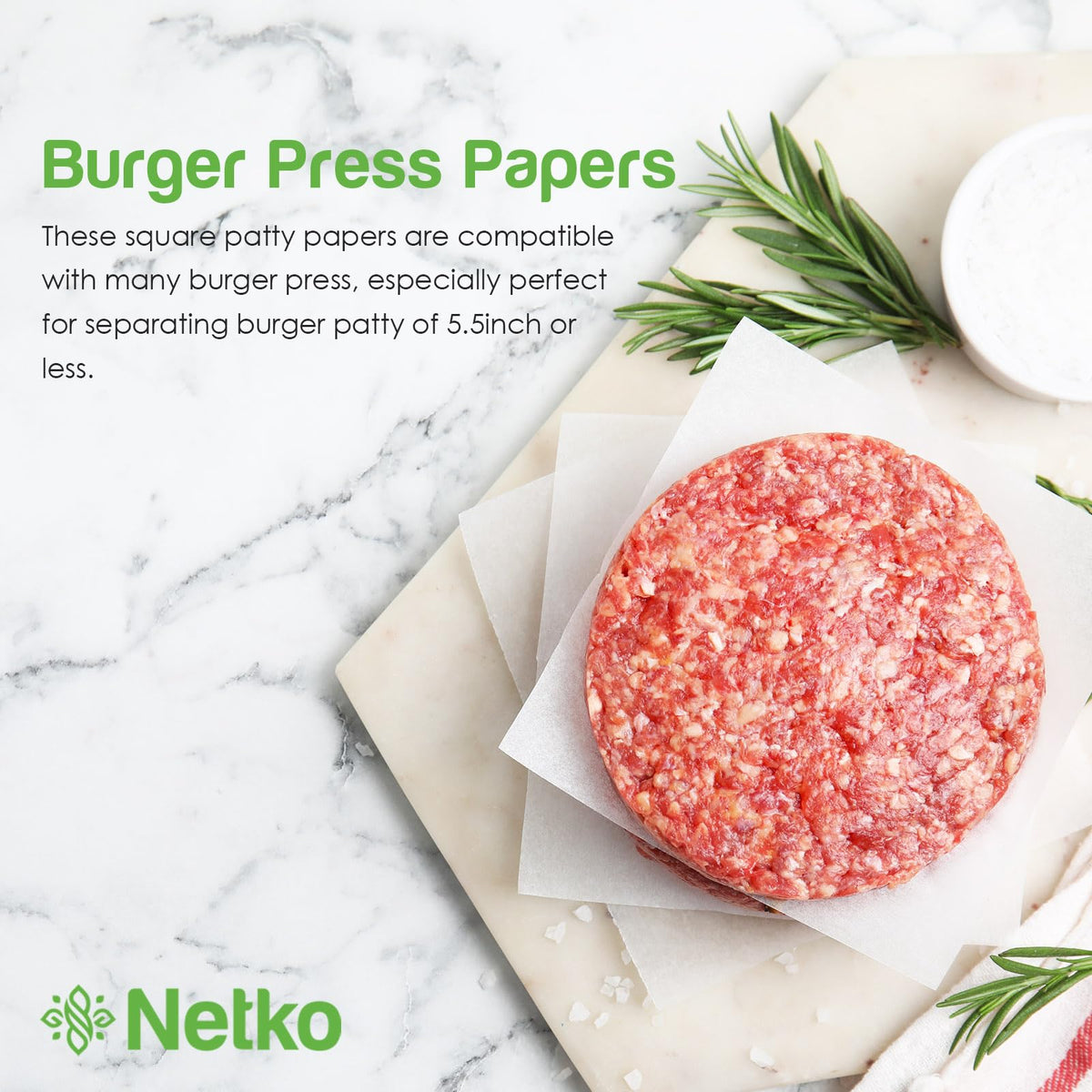 Netko Patty Paper 1000-sheets box provides economical bulk for busy kitchens.