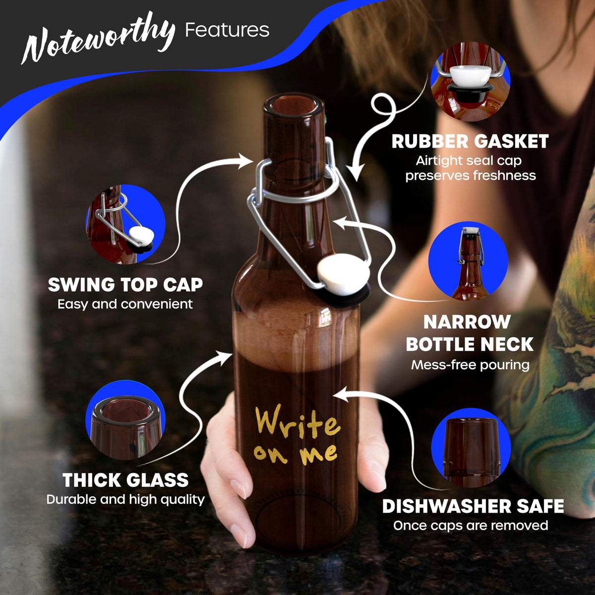 Nevlers 16 oz amber glass bottle with lid ready for home brewing.