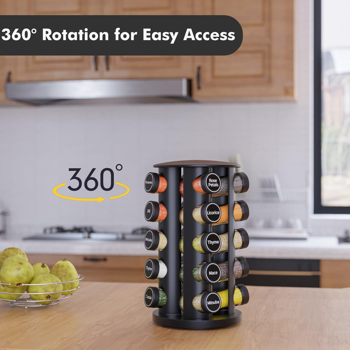 360-degree rotating base provides quick access to spices