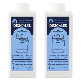 New England Stories DeLonghi descaling bottle 1 demonstrates mineral scale removal for smoother coffee
