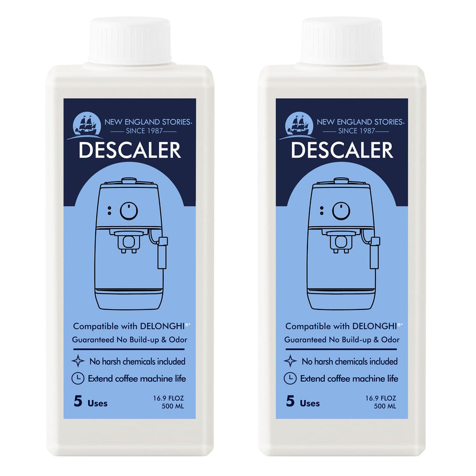 New England Stories DeLonghi descaling bottle 1 demonstrates mineral scale removal for smoother coffee