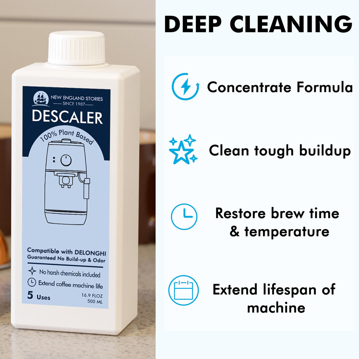 New England Stories DeLonghi descaling bottle 2 shows odor-free cleaning for fresh flavors
