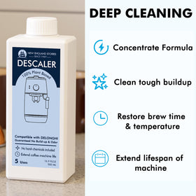 New England Stories DeLonghi descaling bottle 2 shows odor-free cleaning for fresh flavors