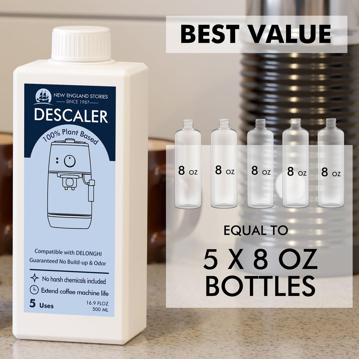 New England Stories DeLonghi descaling bottle 3 supports limescale removal for cleaner espresso