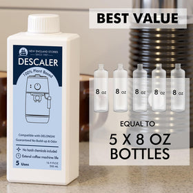 New England Stories DeLonghi descaling bottle 3 supports limescale removal for cleaner espresso
