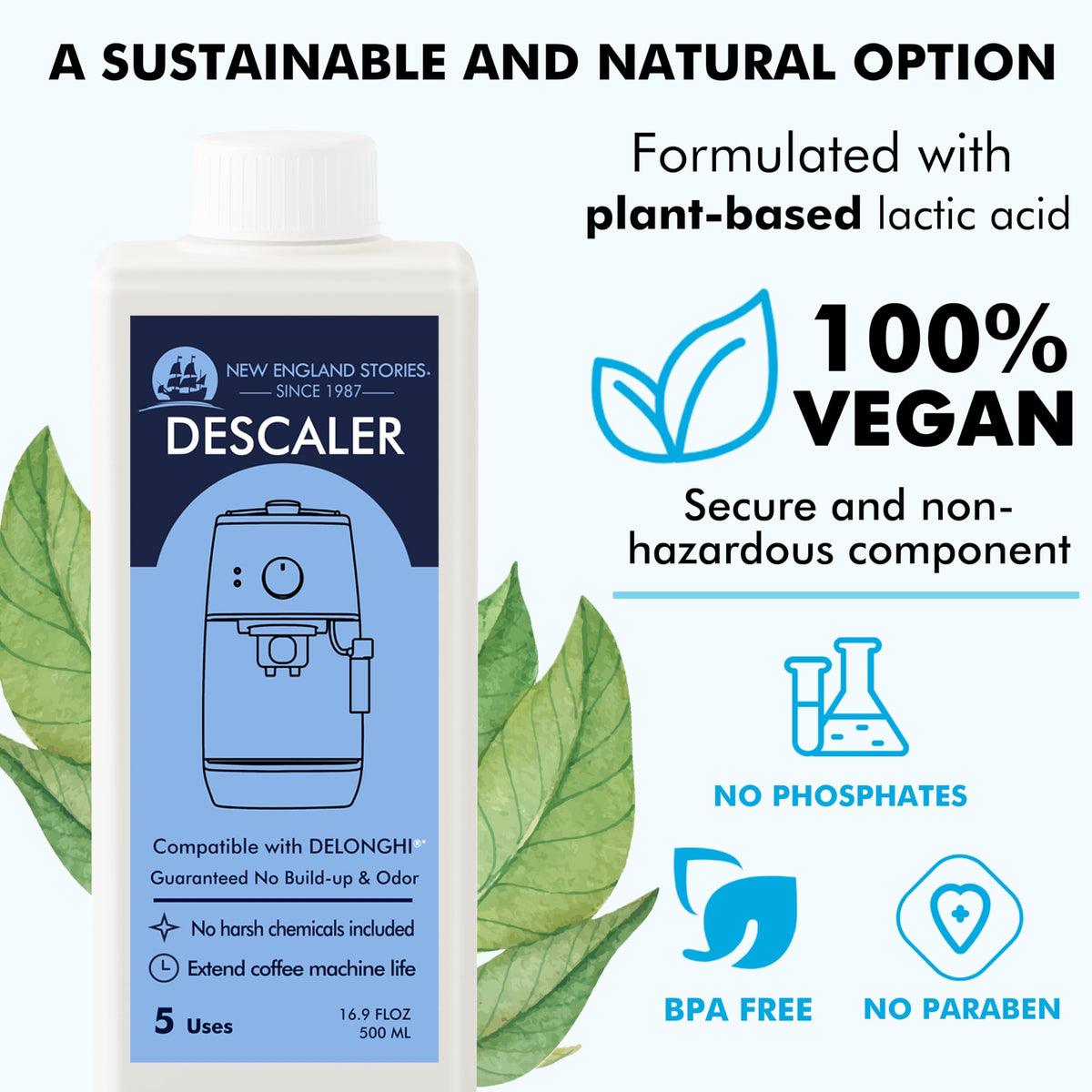 New England Stories DeLonghi descaling bottle 4 promotes odor-free operation and fresher coffee