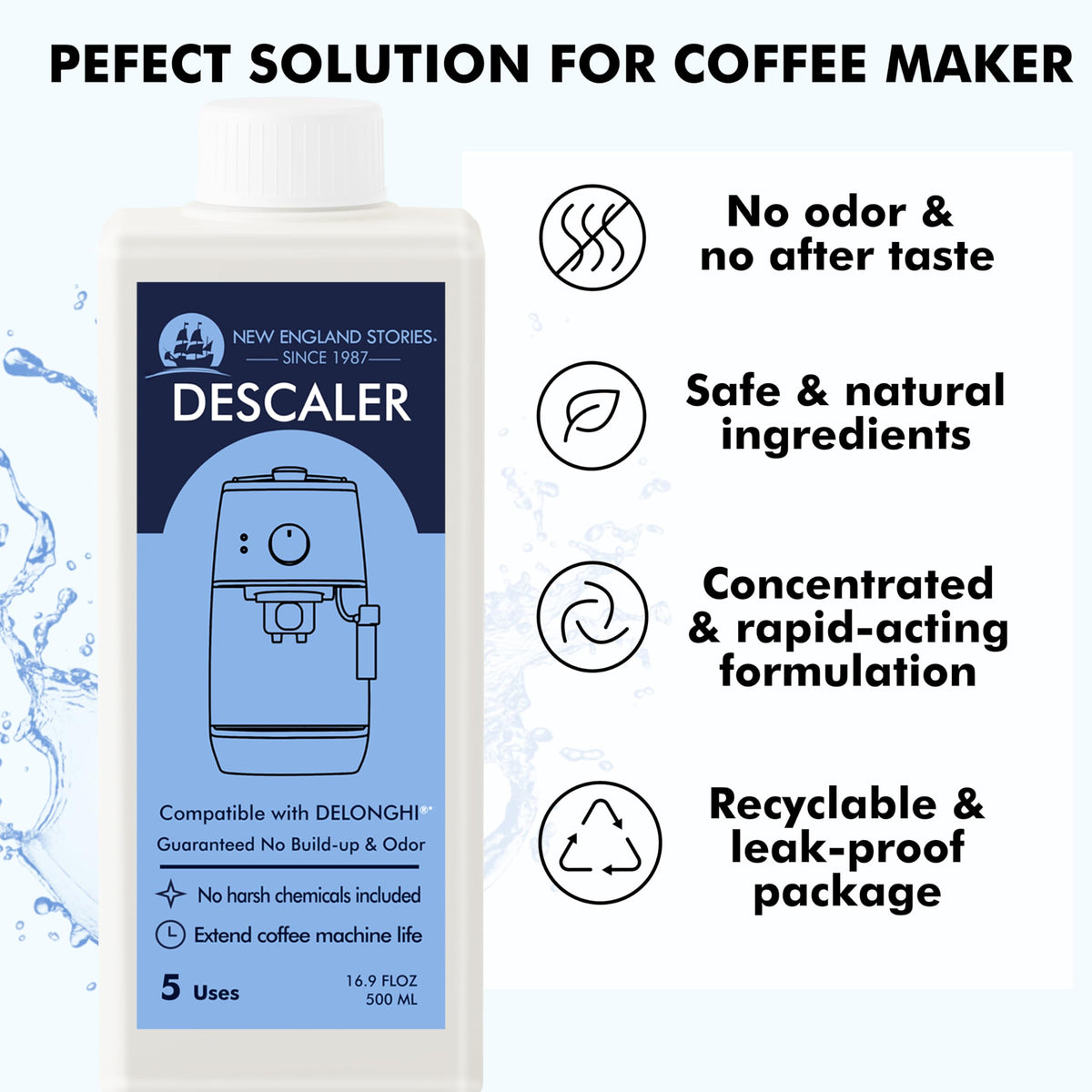 New England Stories DeLonghi descaling bottle 5 highlights two-bottle pack benefits for ongoing maintenance