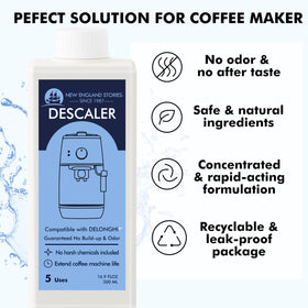 New England Stories DeLonghi descaling bottle 5 highlights two-bottle pack benefits for ongoing maintenance