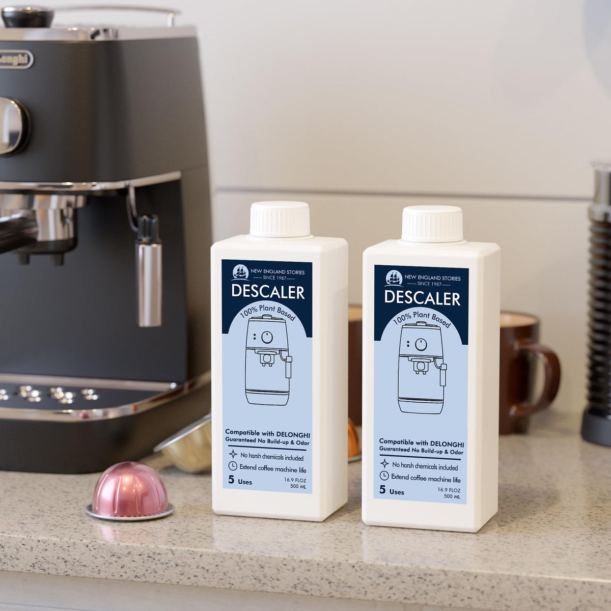 New England Stories DeLonghi descaling bottle 7 illustrates safe natural formula for machines