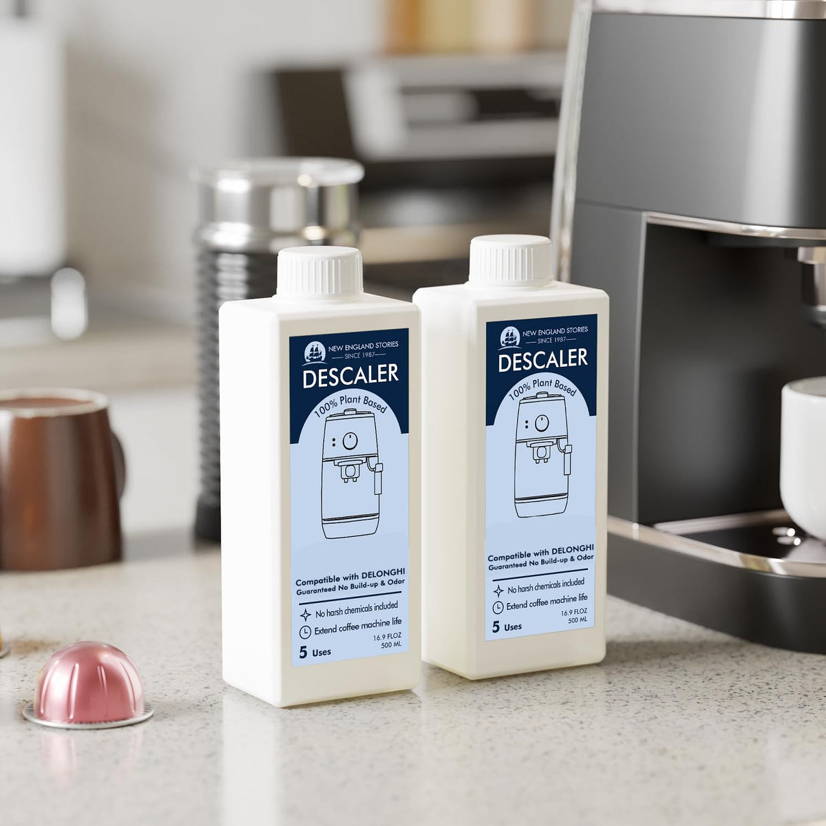 New England Stories DeLonghi descaling bottle 8 reinforces regular cleaning for peak performance