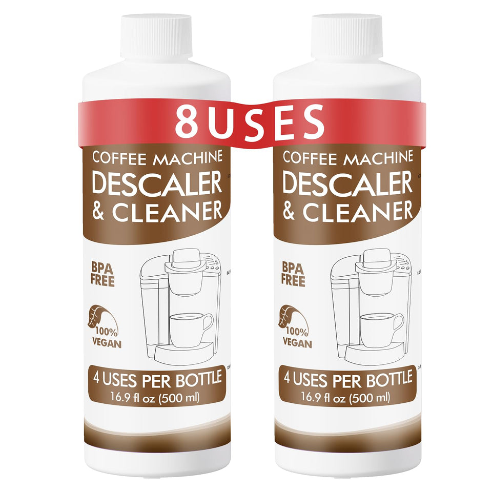 New England Stories descaler bottle-front shows a value-size cleaner for coffee machines.