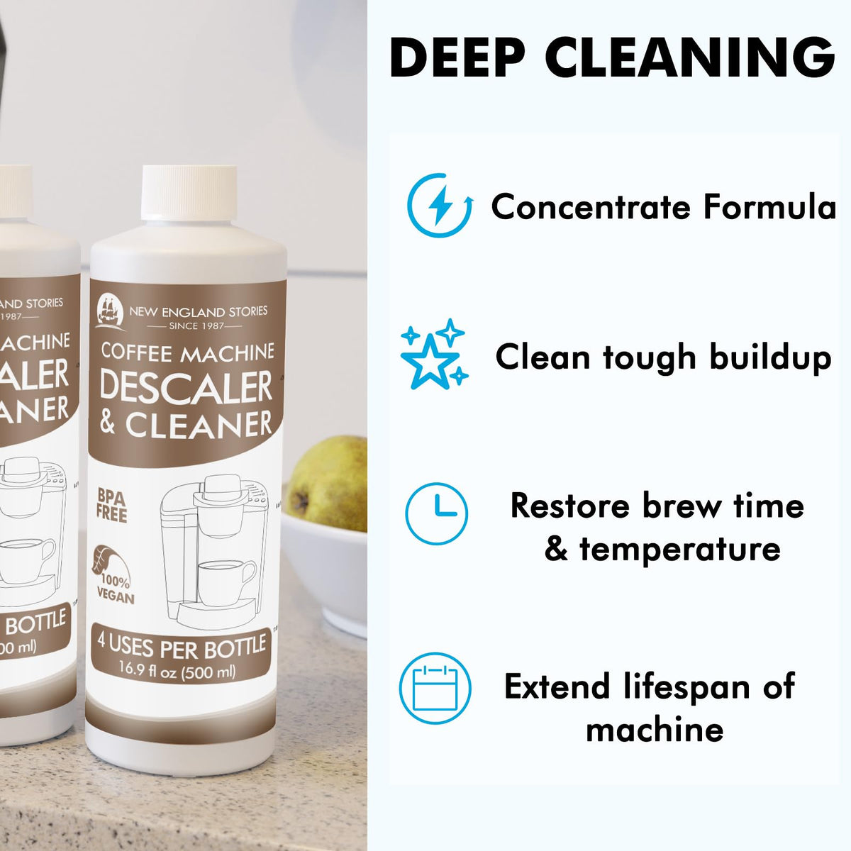 New England Stories descaler ingredients-plant-based highlight eco-friendly formula.