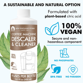 New England Stories descaler packaging-33-8oz illustrates a generous bottle size.