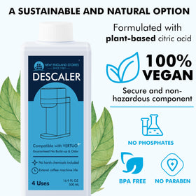 New England Stories descaling kit packaging shows all components for easy maintenance.