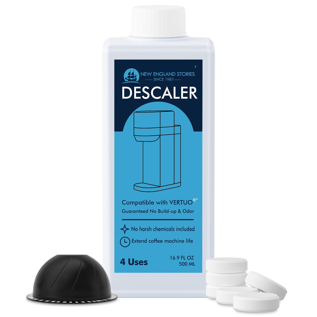 New England Stories descaling solution bottle for mineral buildup removal.