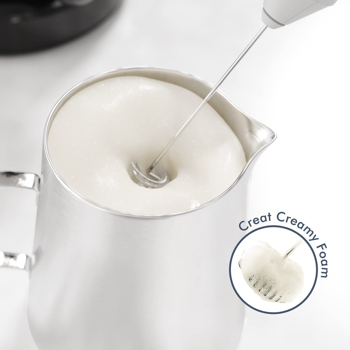 New England Stories handheld frother in coffee use delivers silky foam
