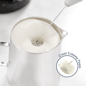 New England Stories handheld frother in coffee use delivers silky foam
