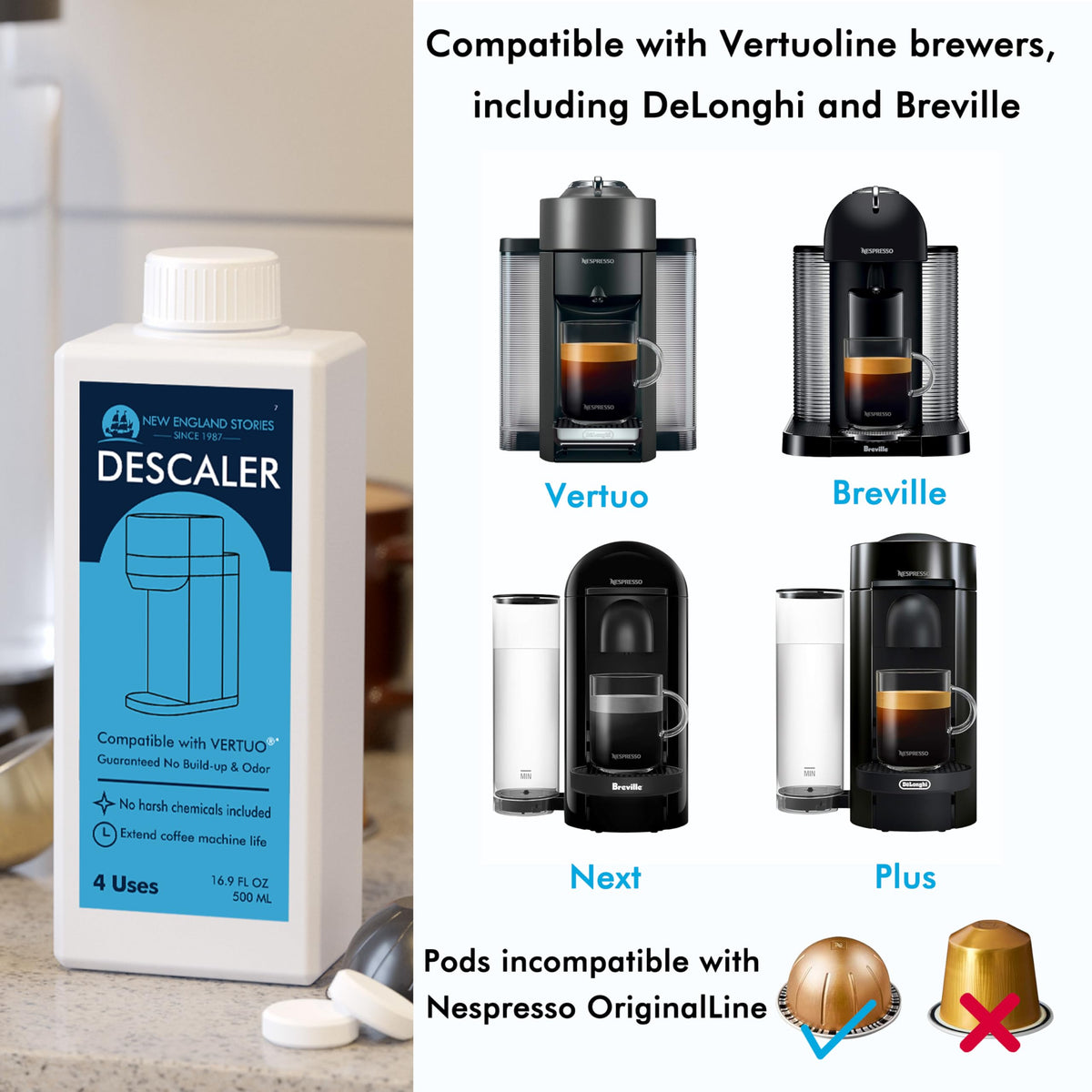 New England Stories kit in use with Vertuo machine for cleaner brews.