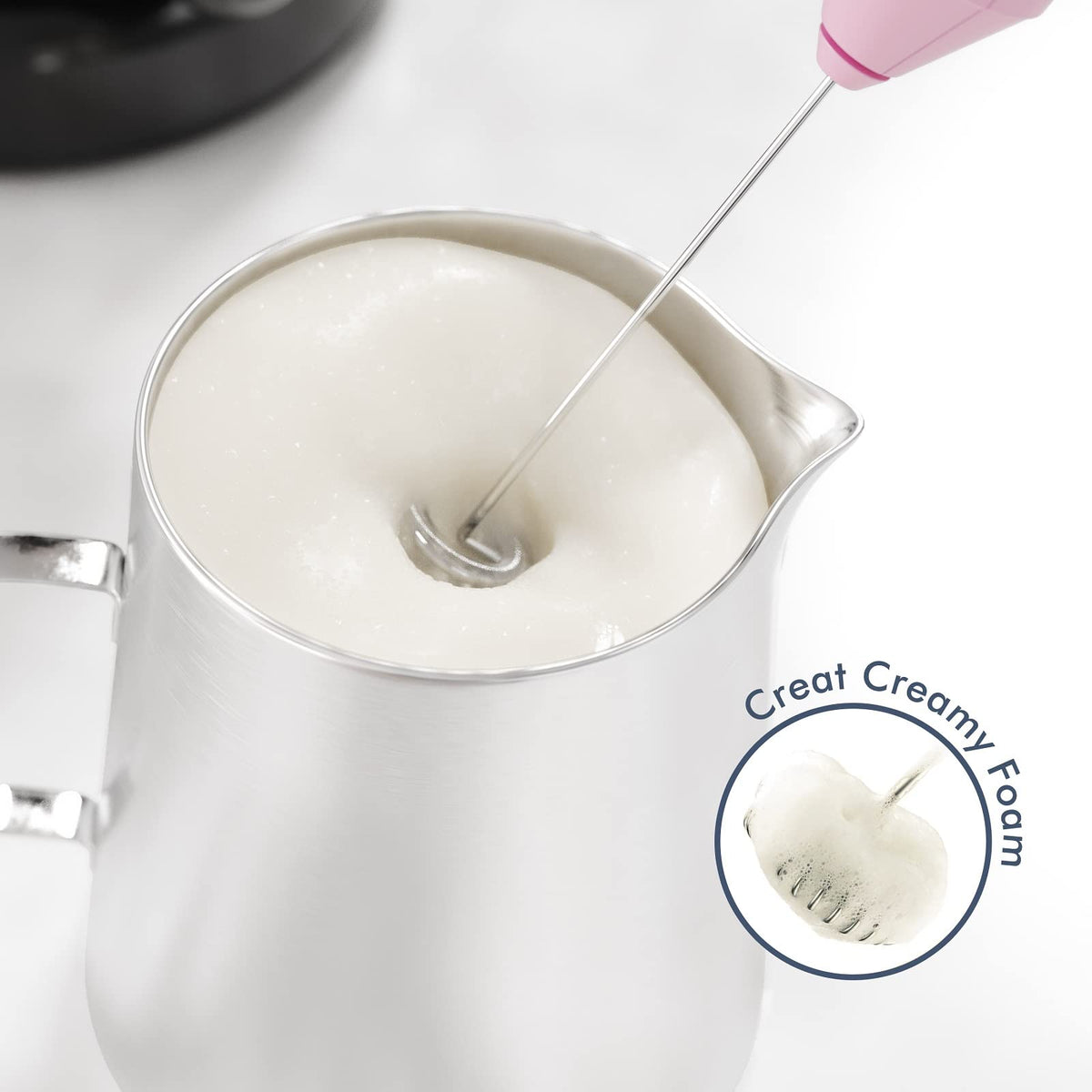 New England Stories milk frother stand included on the countertop for easy use