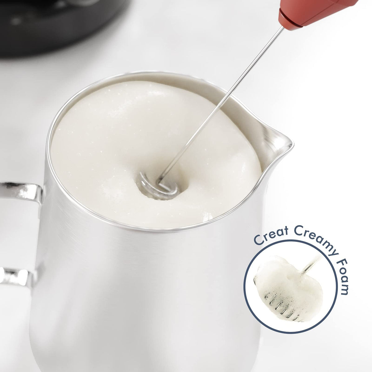 New England Stories milk frother stand red keeps frothing neat and accessible.