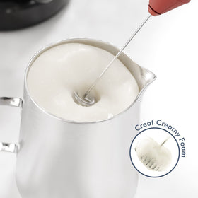 New England Stories milk frother stand red keeps frothing neat and accessible.