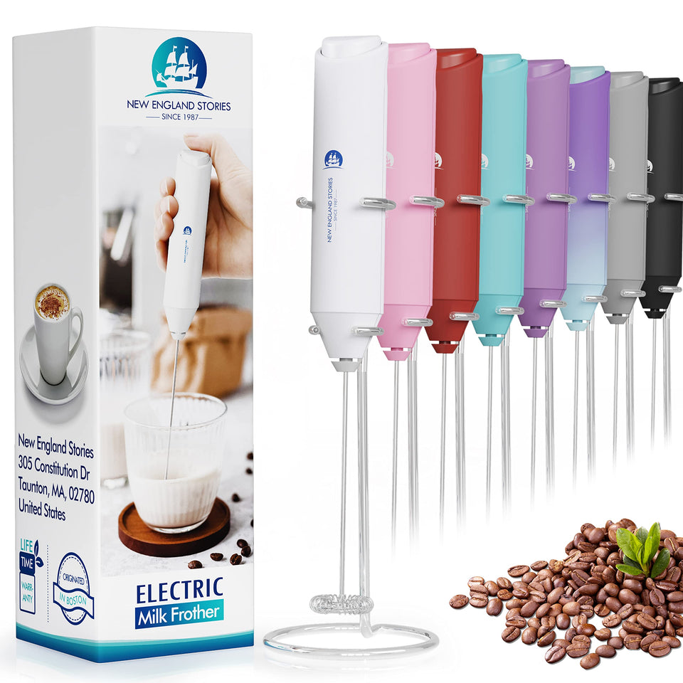 New England Stories milk frother stand shows easy storage and ready frothing