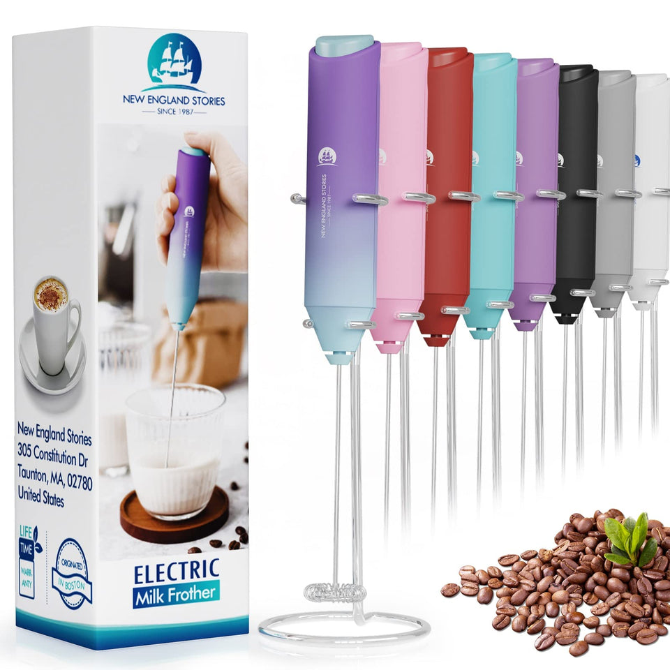 New England Stories milk frother with stand creates quick creamy latte foam.