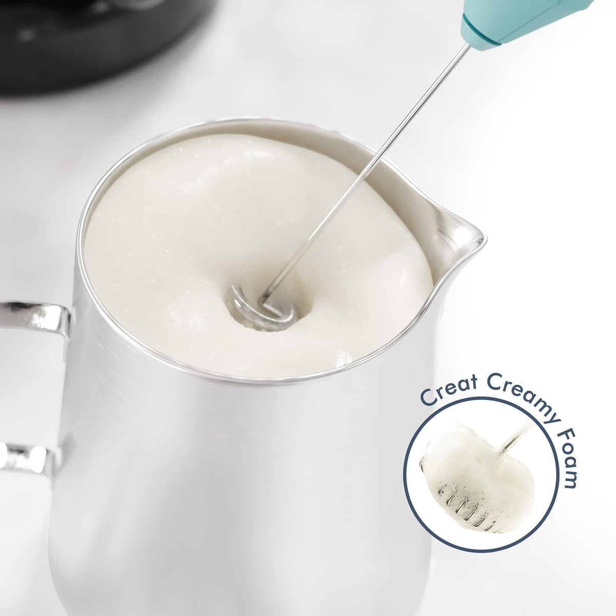 New England Stories mini whisk coffee mixer speeds up latte foam preparation.