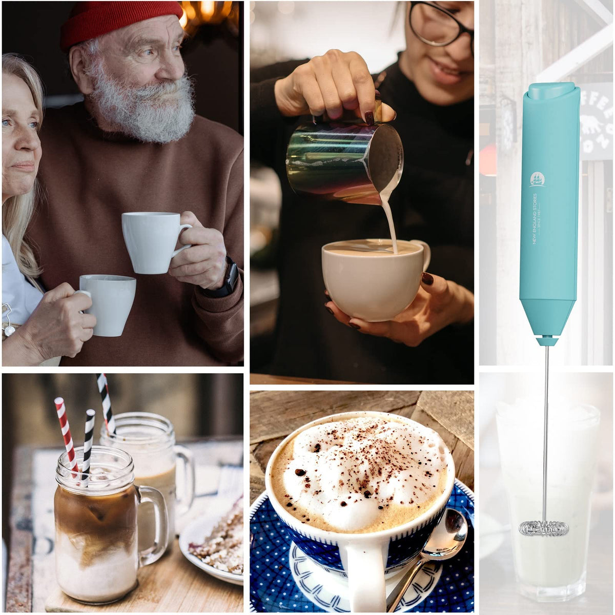 New England Stories portable ergonomic-handle frother for travel-friendly frothing.