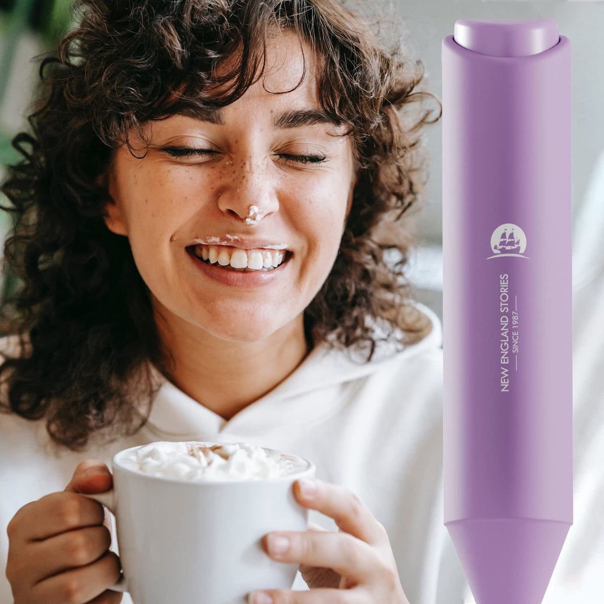 New England Stories portable frother with stand for easy storage