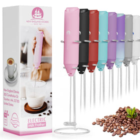 New England Stories powerful milk frother handheld pink in action for creamy foam